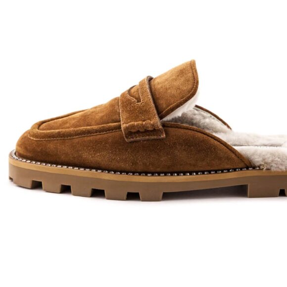 Jimmy Choo Tan Suede Crystal Embellished Shearling Mules - Picture 1 of 11